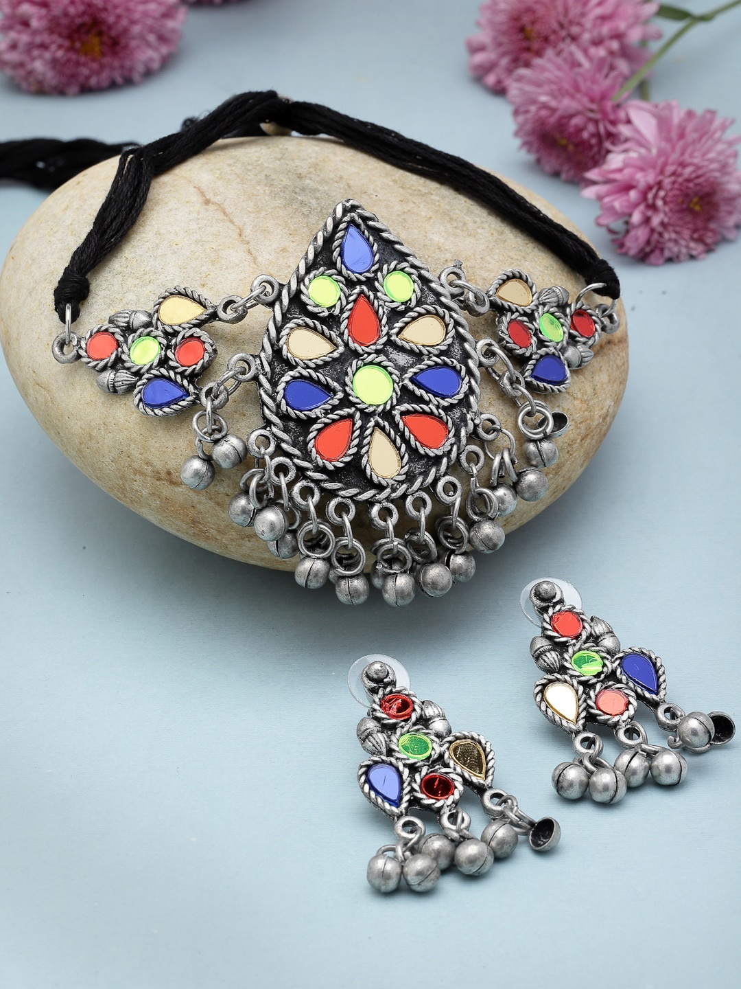 

Moedbuille Silver-Plated Mirrors & Ghungroo Studded & Beaded Oxidised Jewellery Set