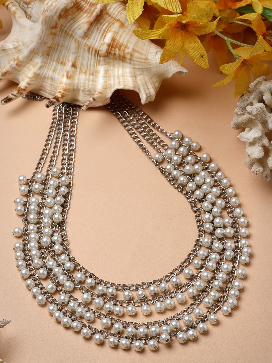 

Moedbuille Brass Silver-Plated Beads Beaded Layered Necklace