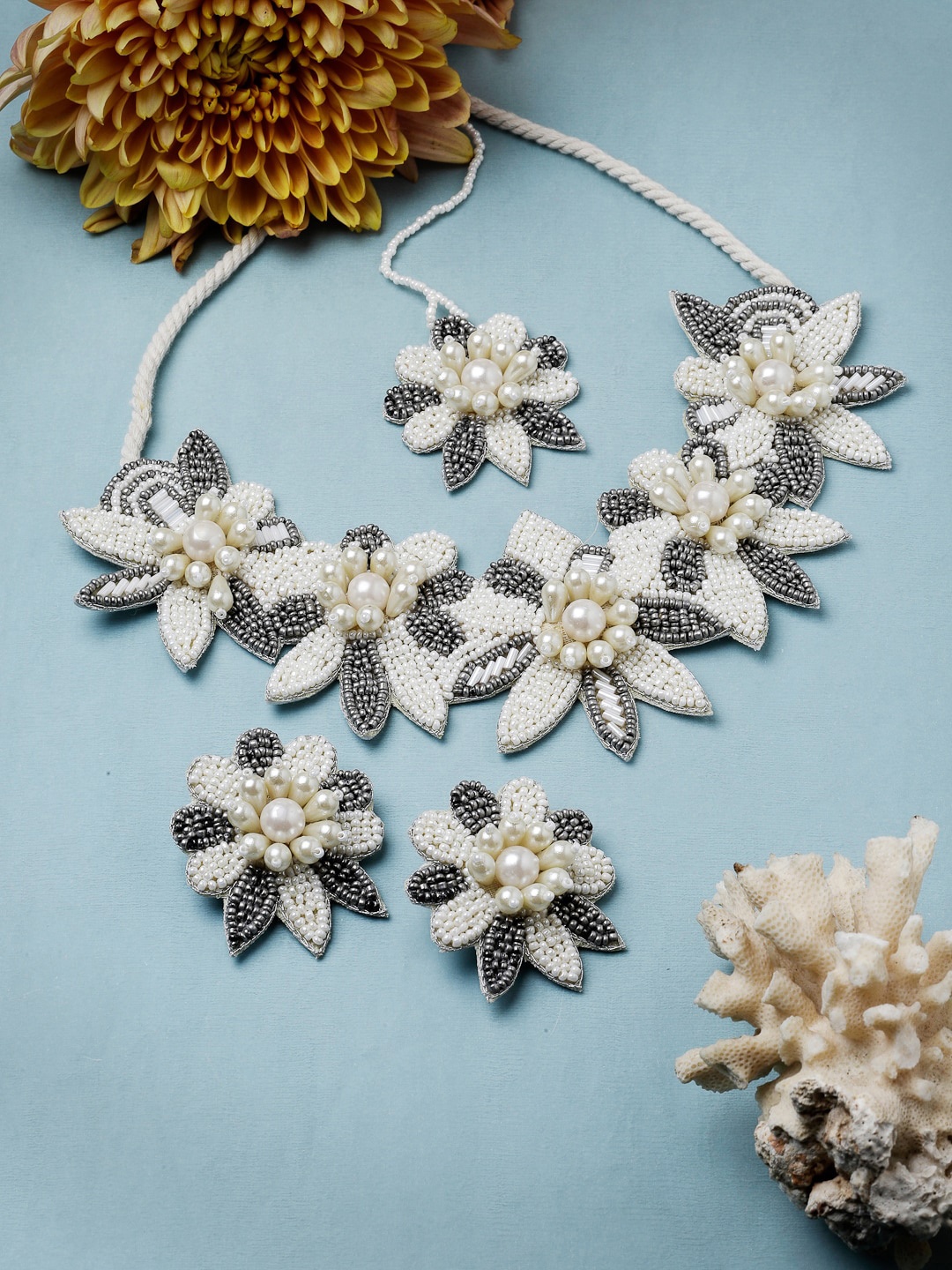 

Moedbuille Silver-Plated Beaded Studded Floral Design Jewellery Set