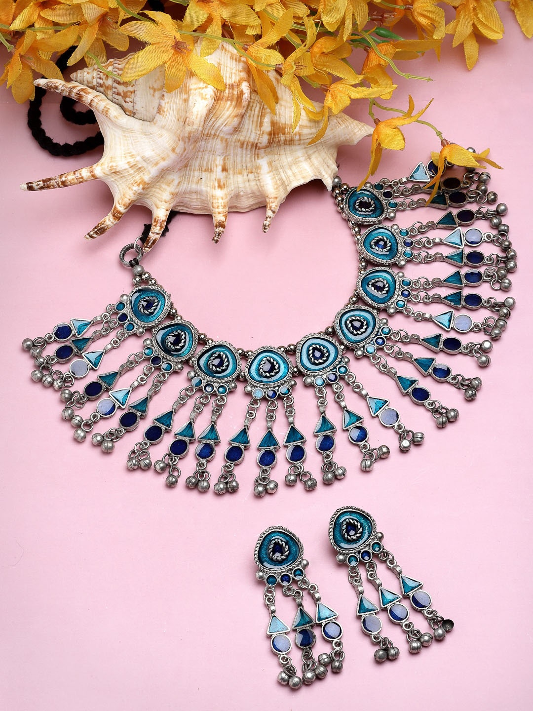 

Moedbuille Silver-Plated Stone-Studded & Beaded Meenakari Antique Jewellery Set