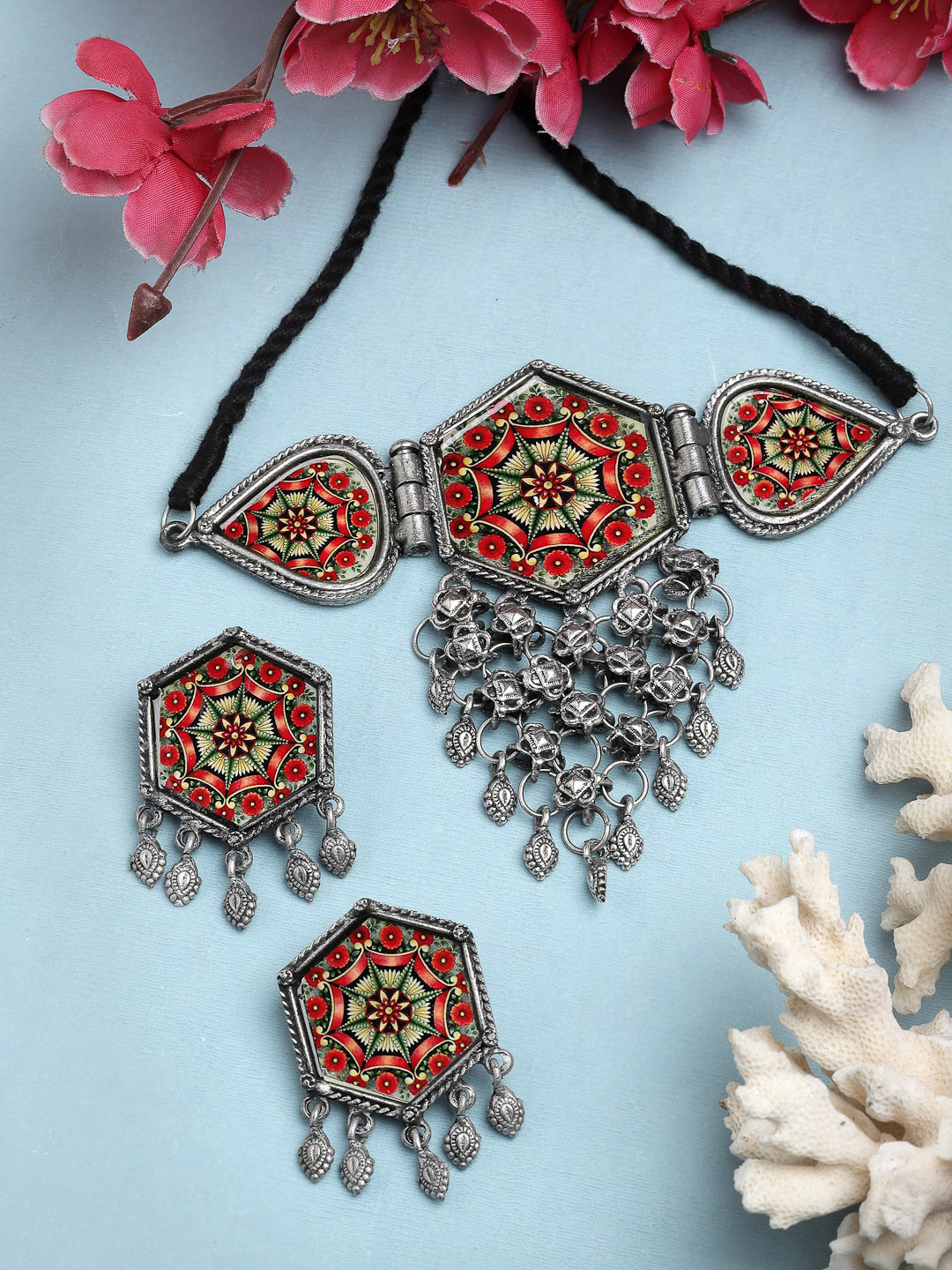 

Moedbuille Silver-Plated Beaded Oxidised Meenakari Jewellery Set