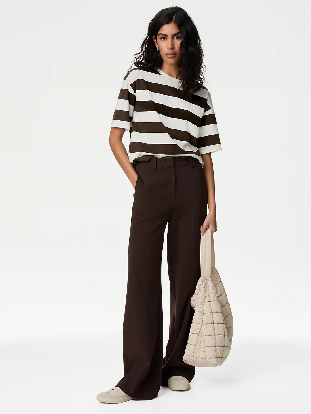 

Marks & Spencer Stripes Round Neck Drop-Shoulder Sleeves Cotton Boxy Fit T-Shirt, Brown