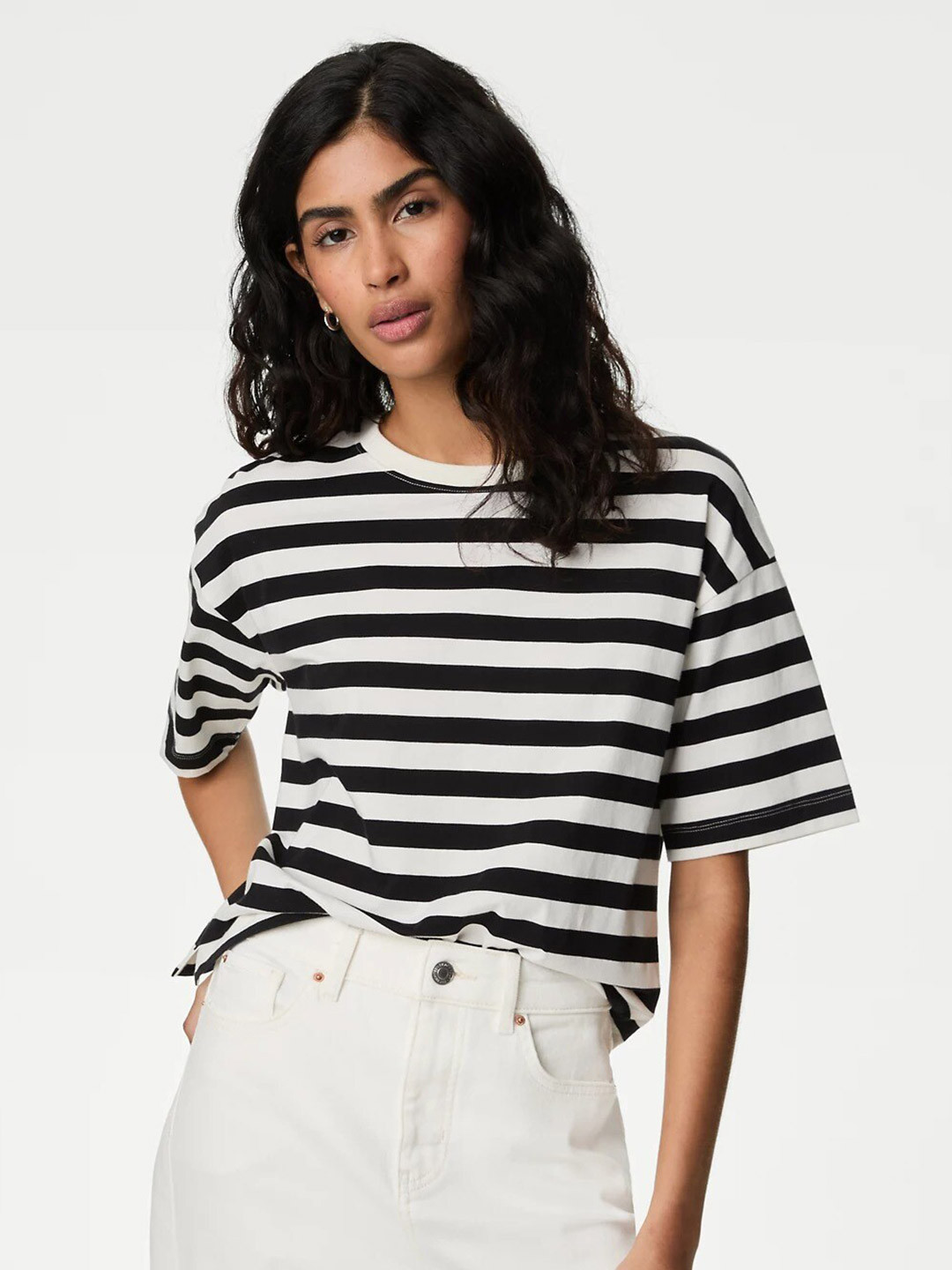 

Marks & Spencer Striped Round Neck Drop-Shoulder Sleeves Cotton T-shirt, White