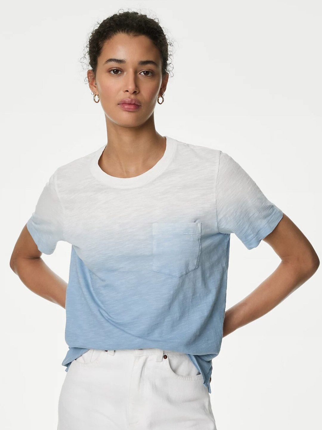 

Marks & Spencer Colourblocked Round Neck Short Sleeves Cotton T-shirt, Blue