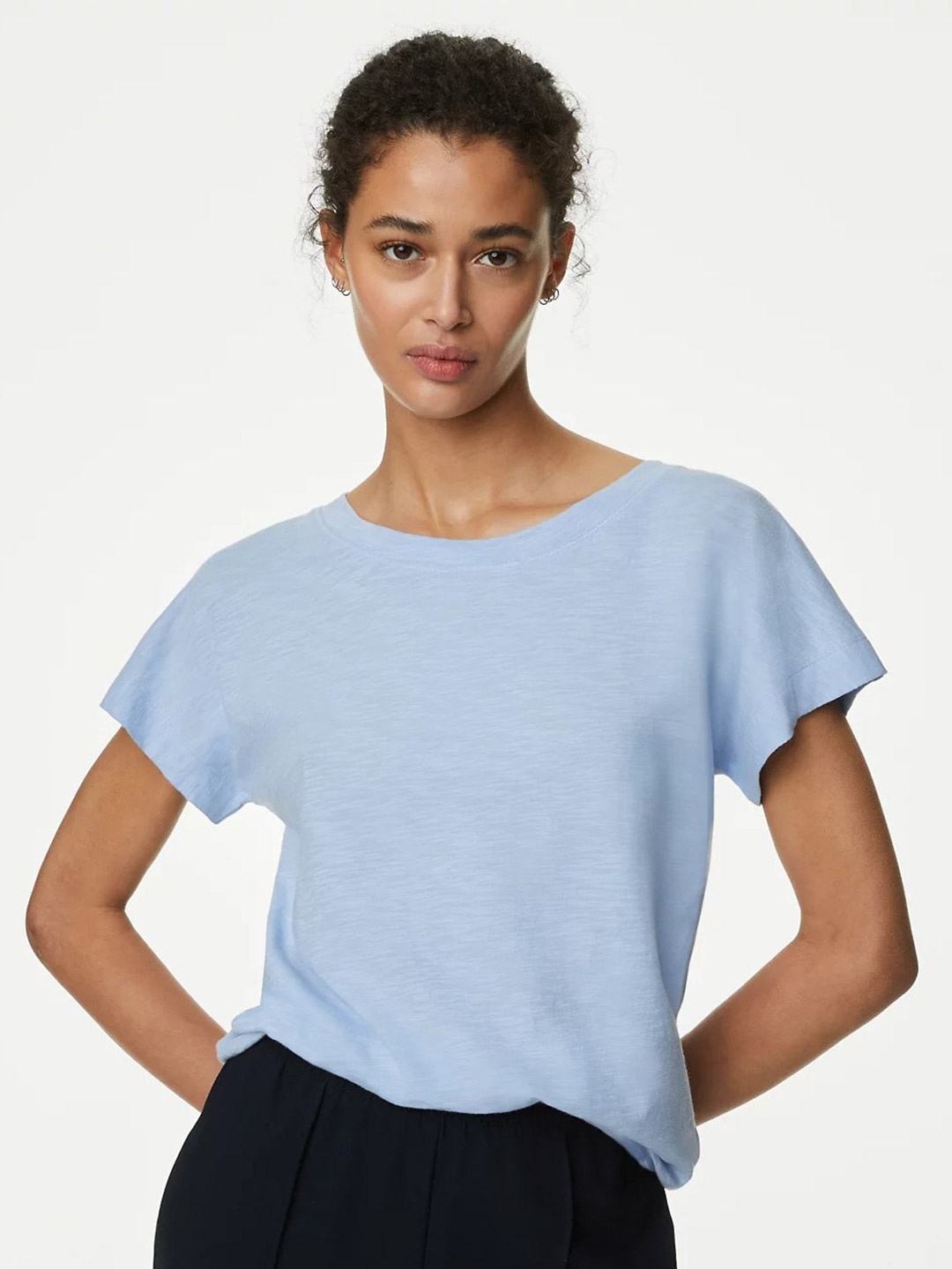 

Marks & Spencer Round Neck Extended Sleeves Cotton T-shirt, Blue