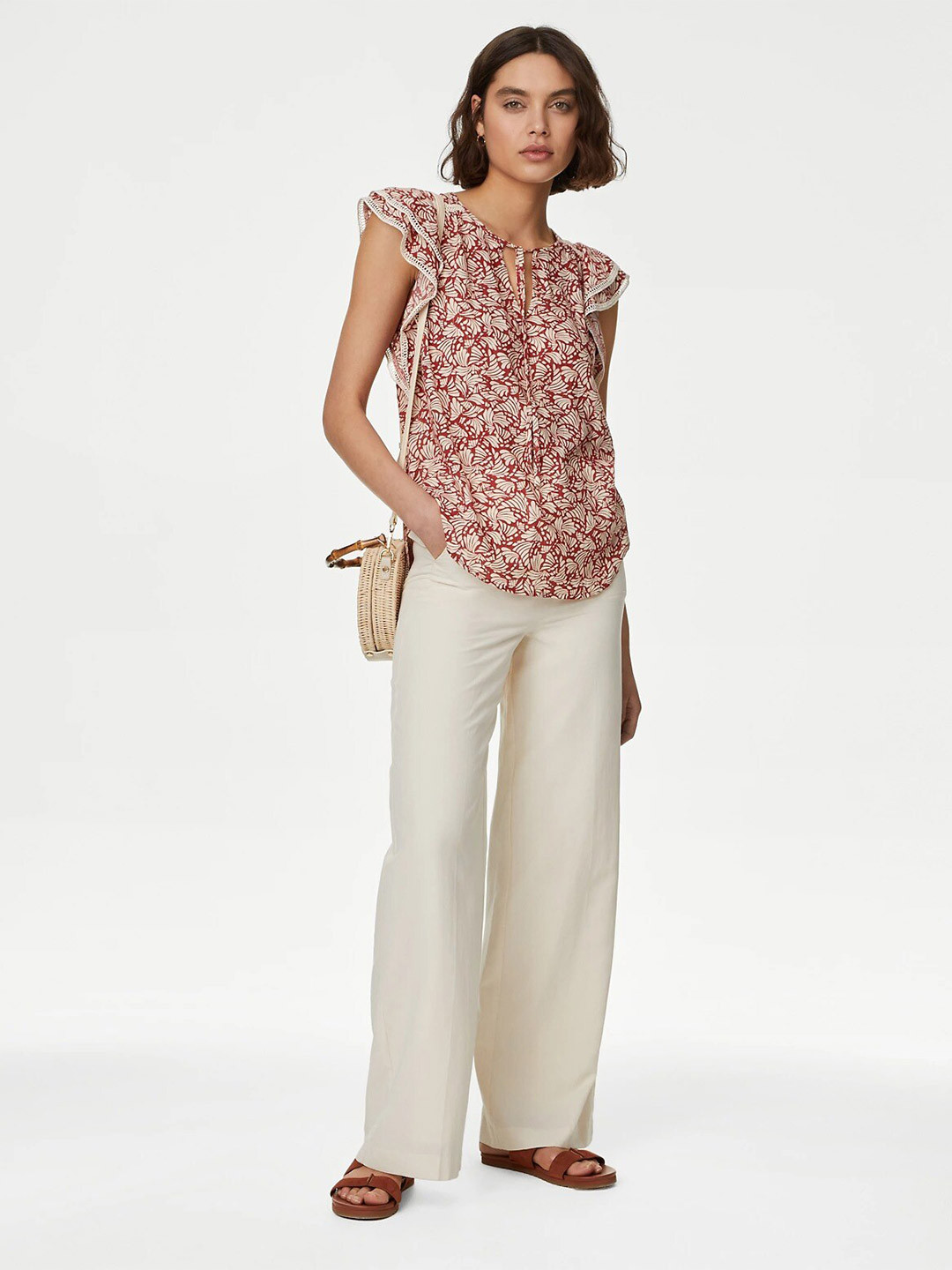 

Marks & Spencer Floral Printed Tie-Up Neck Flutter Sleeves Cotton Top, Red