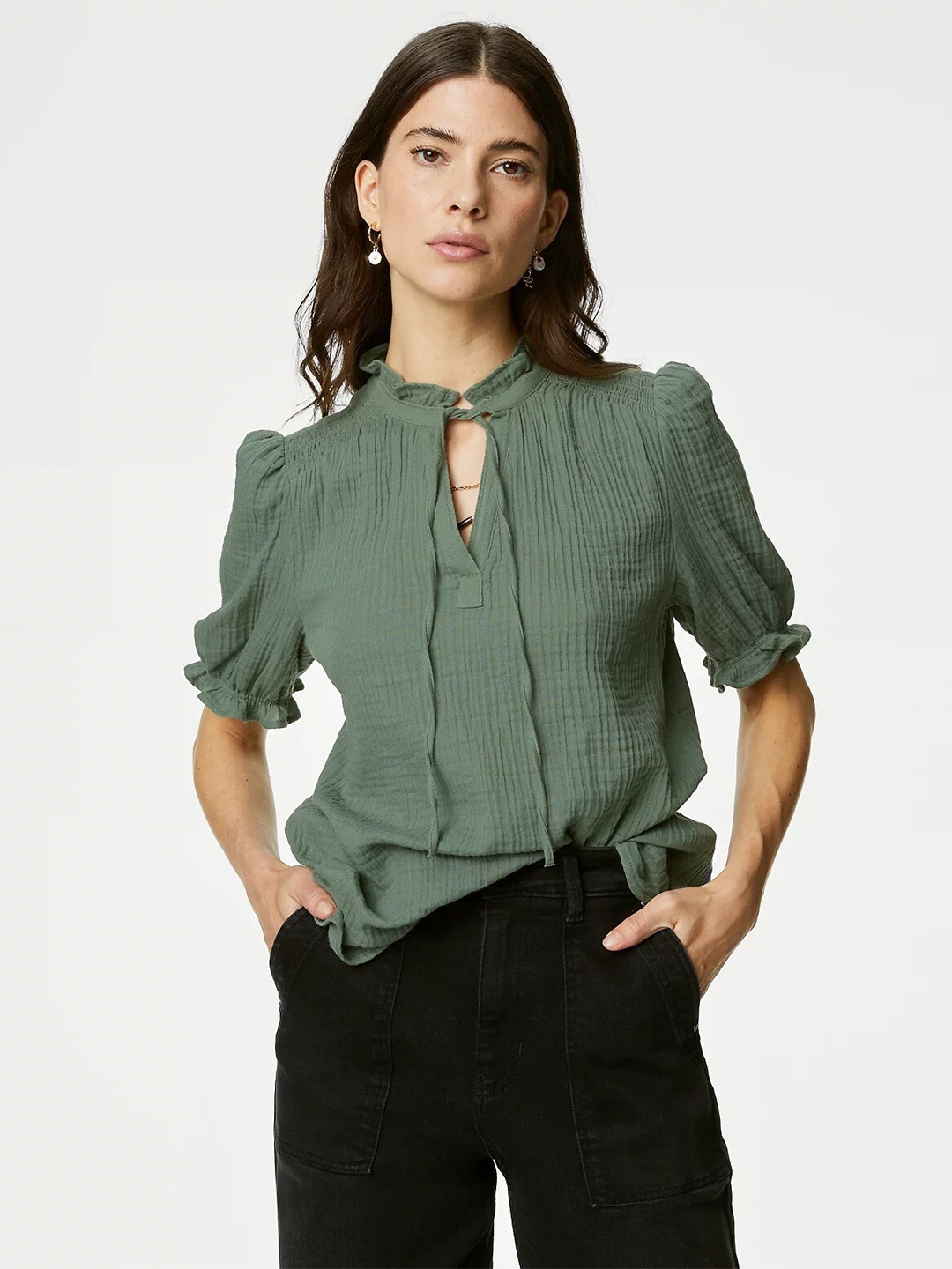 

Marks & Spencer Tie-Up Neck Puffed Sleeves Pure Cotton Top, Green