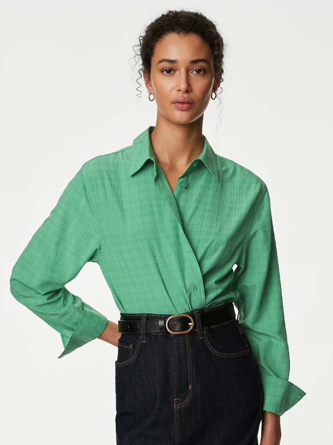 

Marks & Spencer Textured Spread Collar Long Sleeves Casual Shirt, Green