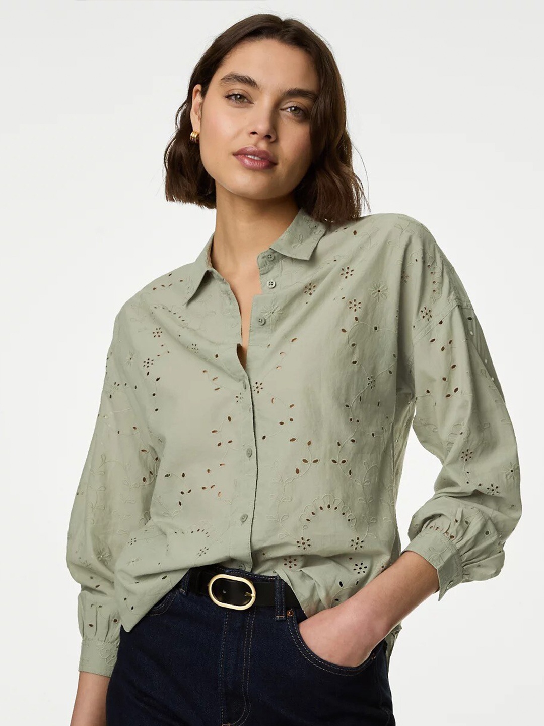 

Marks & Spencer Geometric Self Design Spread Collar Long Sleeves Cotton Casual Shirt, Green