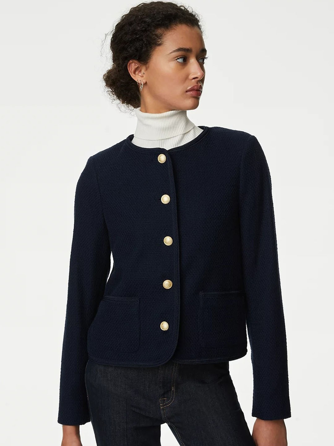 

Marks & Spencer Pure Cotton Tweed Collarless Tailored Jacket, Navy blue
