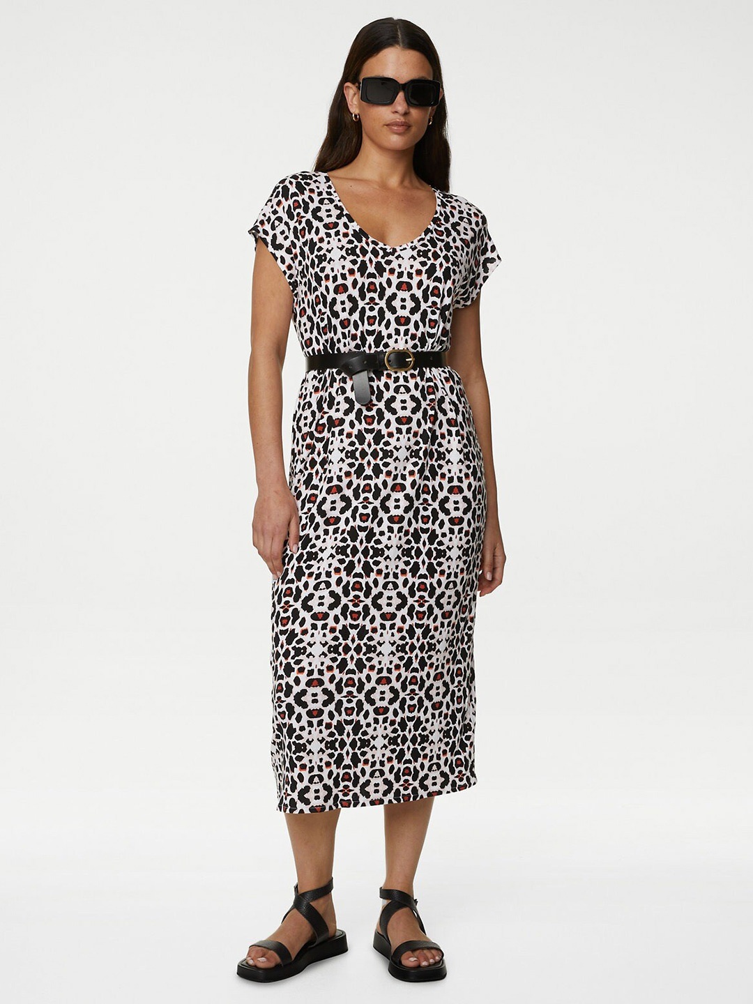

Marks & Spencer Animal Print V Neck T shirt Midi Dress, Black