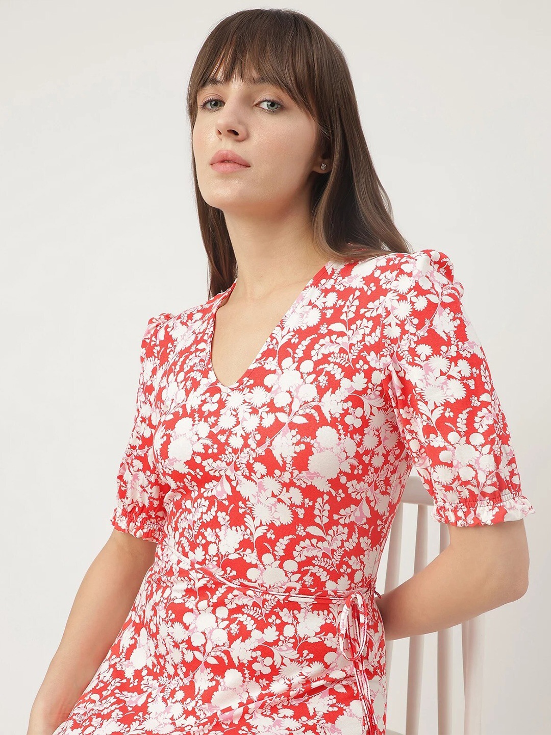 

Marks & Spencer Floral Printed V-Neck Short Sleeves A-Line Dress, Red