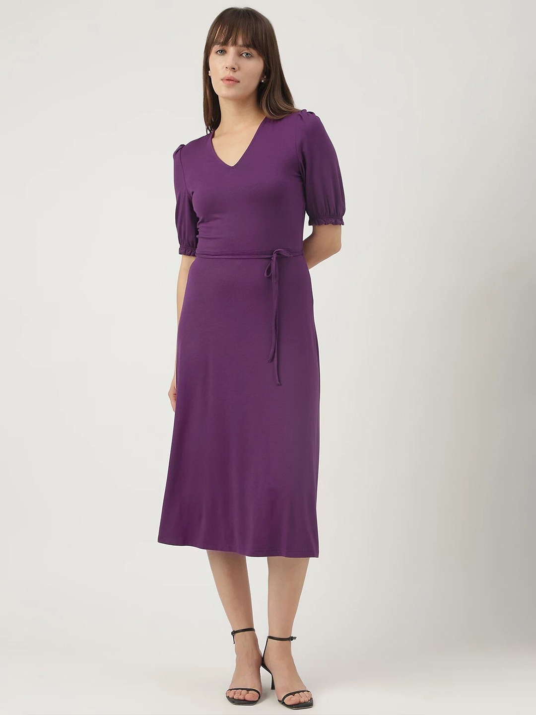 

Marks & Spencer Slim Fit V Neck Puff Sleeves Belted A-Line Midi Dress, Purple