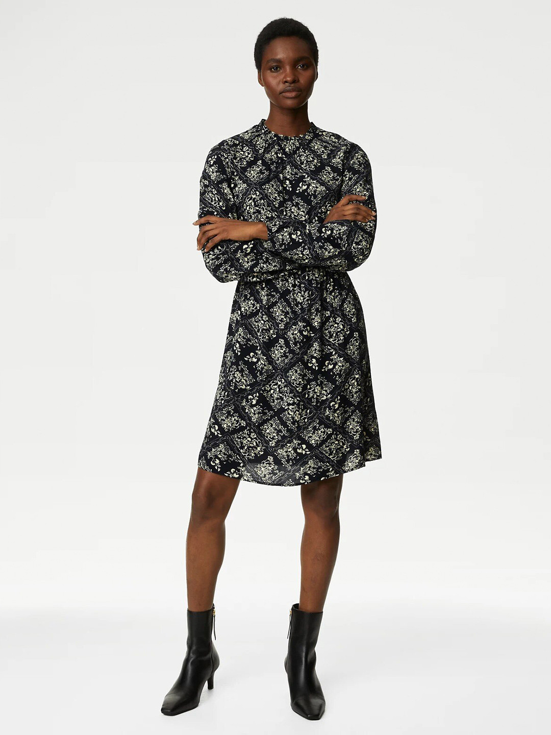 

Marks & Spencer Floral Print High Neck Fit & Flare Dress, Navy blue