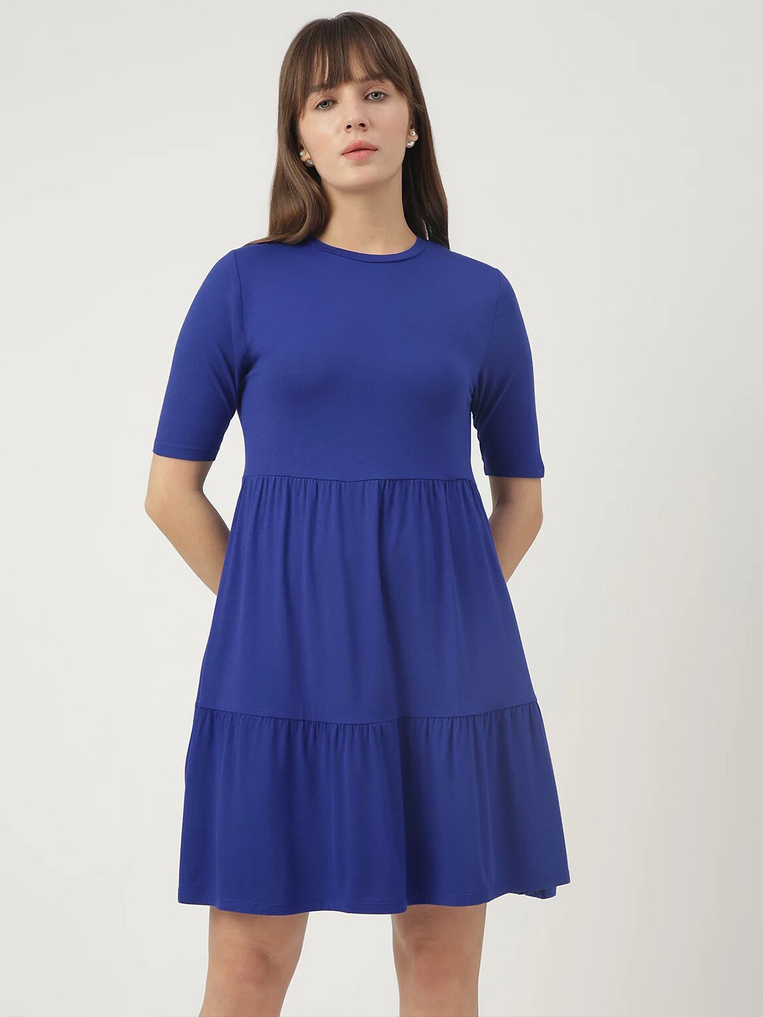 

Marks & Spencer Round Neck Short Sleeves Fit & Flare Dress, Blue