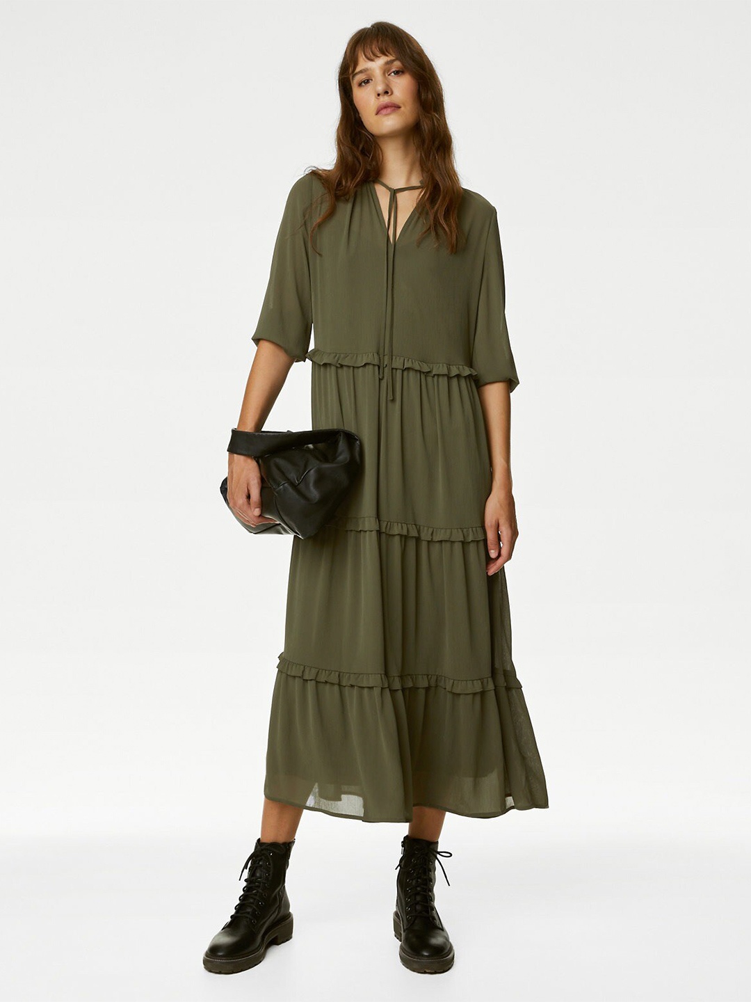 

Marks & Spencer Tie Up Neck Tiered Maxi Dress, Khaki