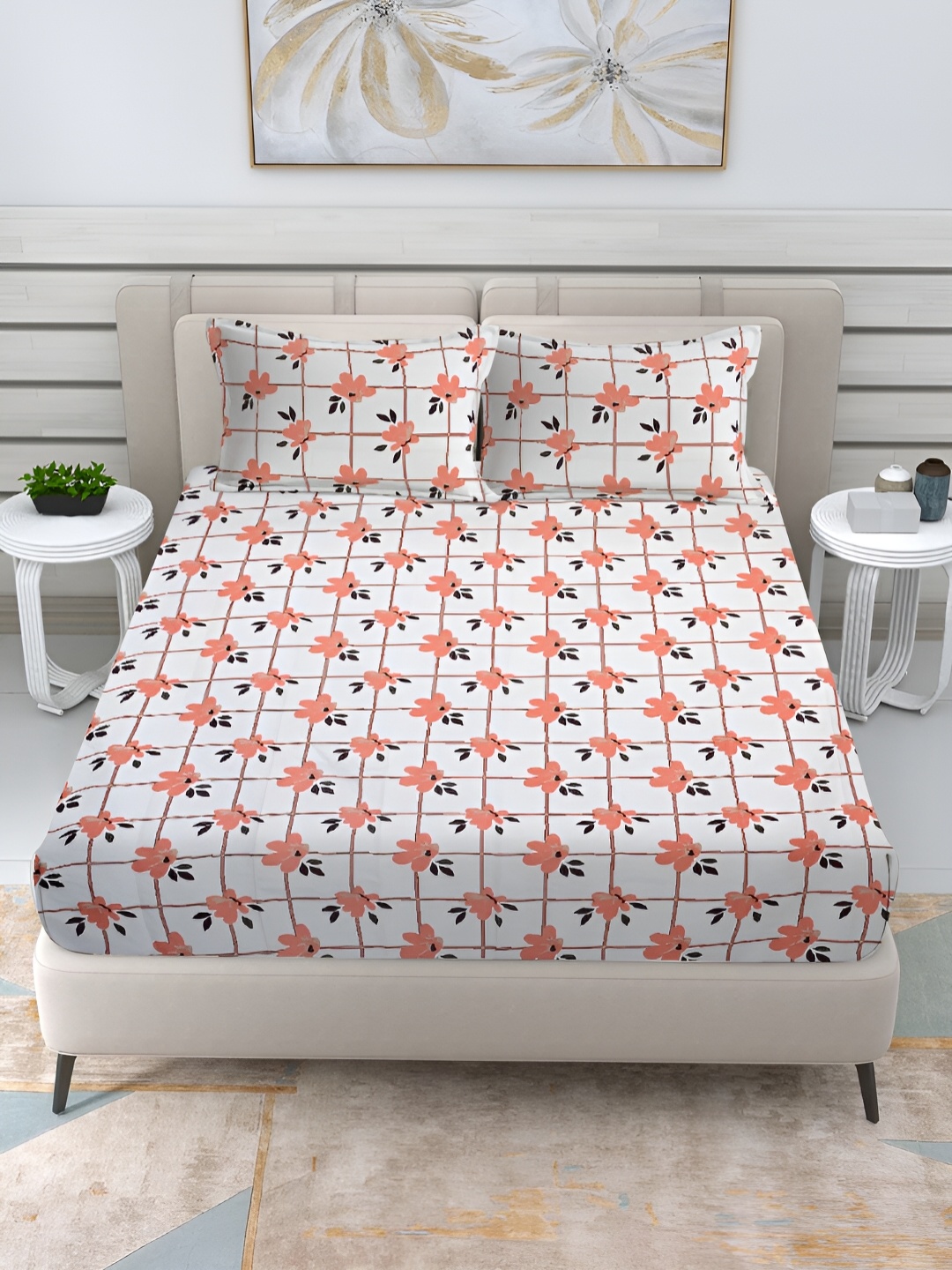 

FABINALIV Orange & White Floral Print 300 TC Fitted King Bedsheet & 2 Pillow Covers