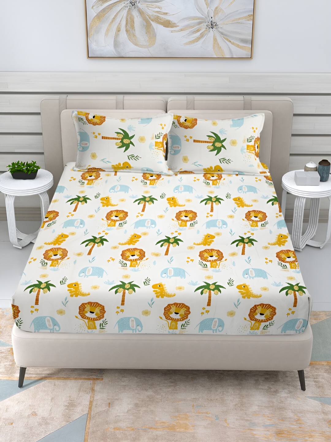 

FABINALIV White & Brown Cartoon Print 300 TC Fitted King Bedsheet & 2 Pillow Covers
