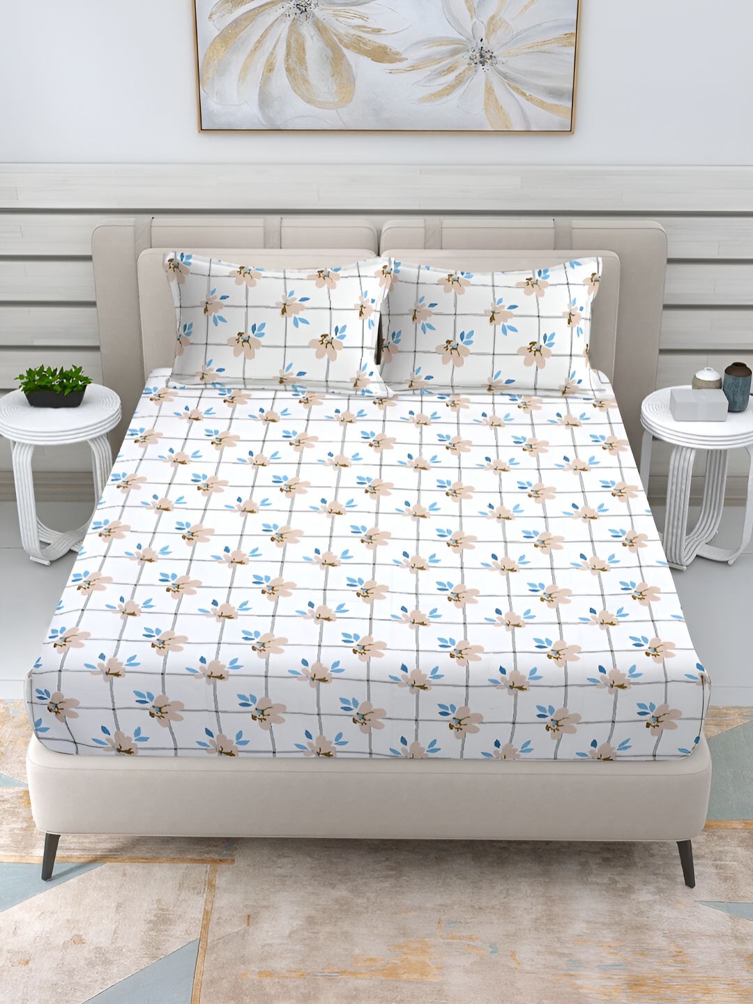 

FABINALIV White & Blue Floral Print 300 TC Fitted King Bedsheet & 2 Pillow Covers