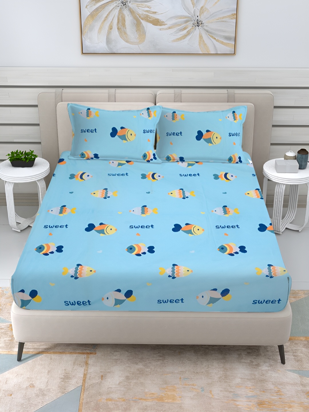 

FABINALIV Blue & Green Cartoon Print 300 TC Fitted King Bedsheet & 2 Pillow Covers