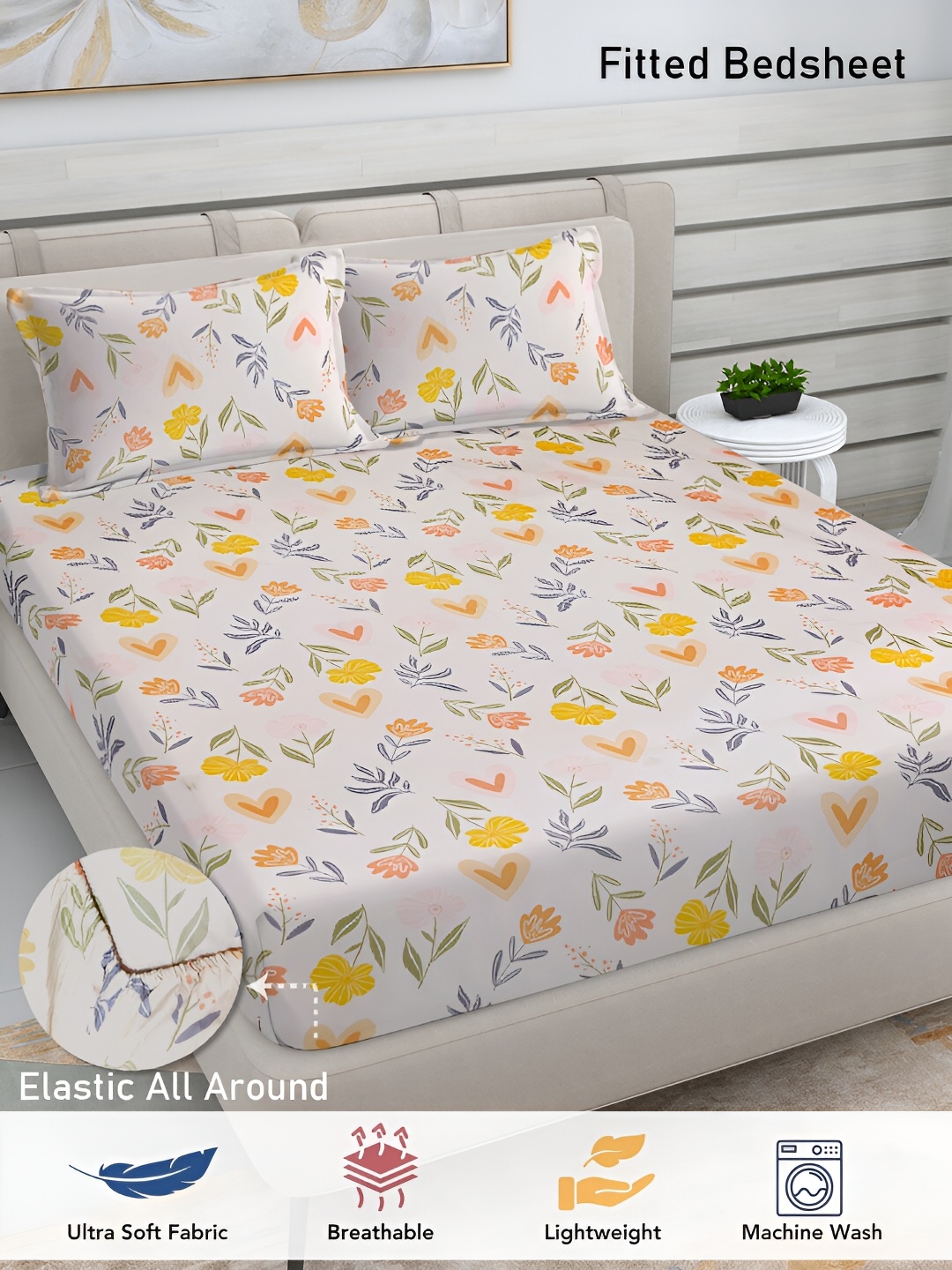 

FABINALIV White & Blue Floral Print 300 TC Fitted King Bedsheet & 2 Pillow Covers