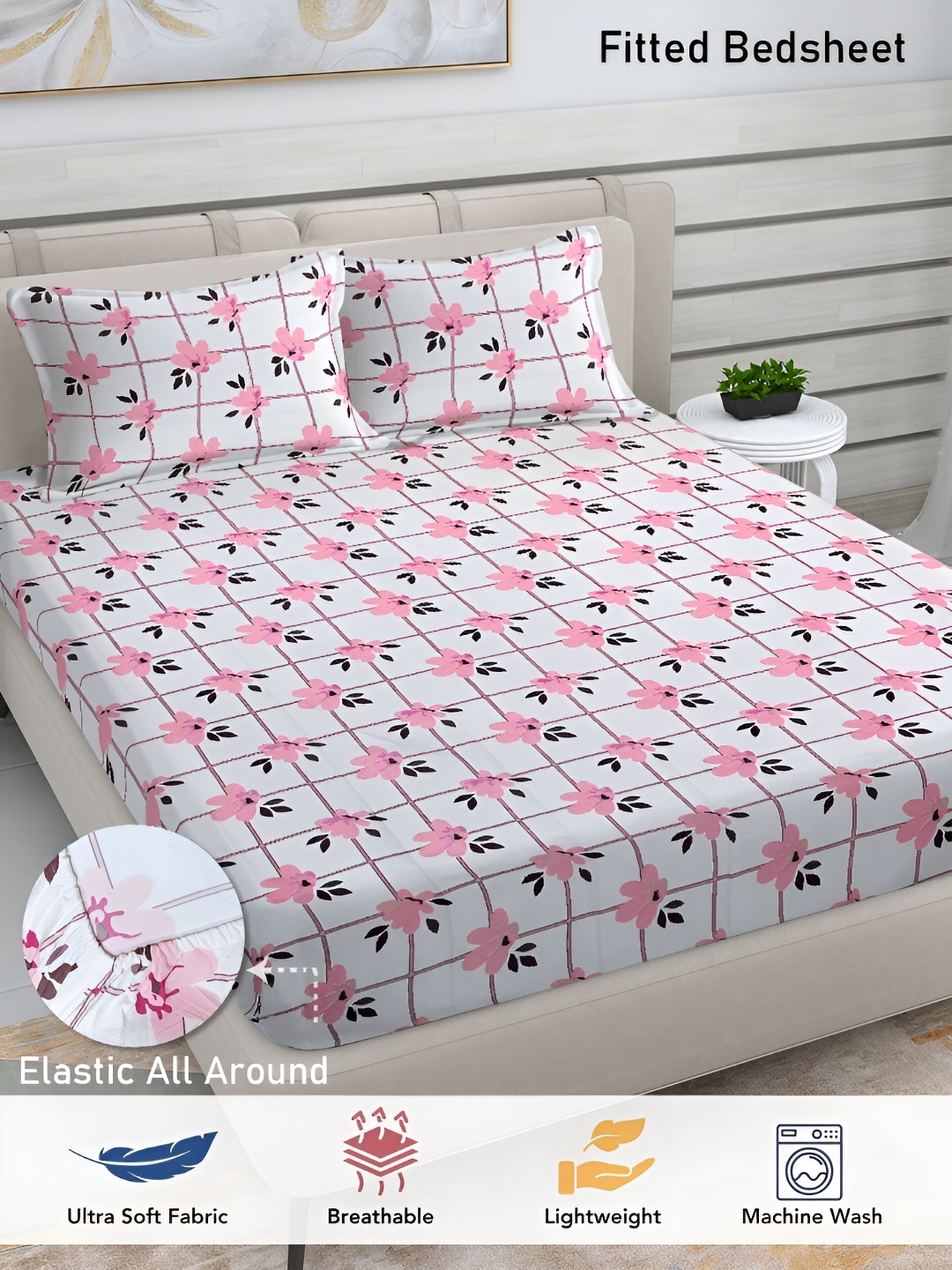 

FABINALIV Pink & Blue Floral Print 300 TC Fitted King Bedsheet & 2 Pillow Covers