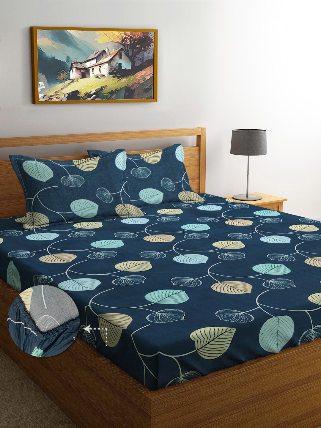 

FABINALIV Blue & Green Floral Print 300 TC Fitted King Bedsheet & 2 Pillow Covers