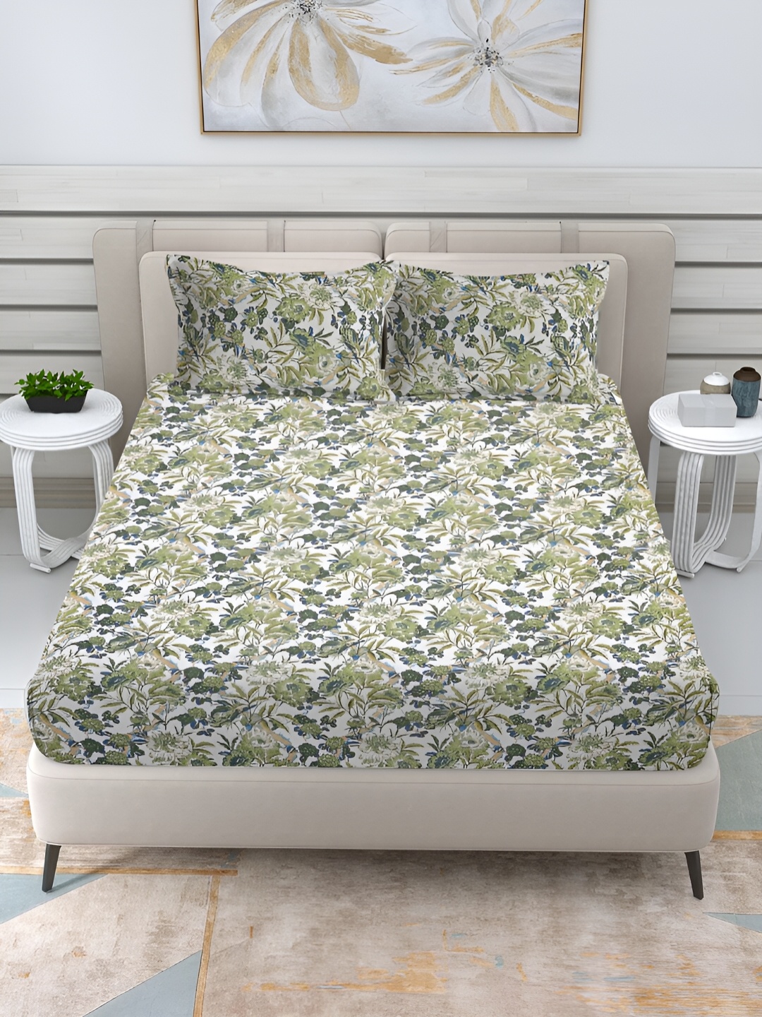 

FABINALIV Green & White Floral Print 300 TC Fitted King Bedsheet & 2 Pillow Covers