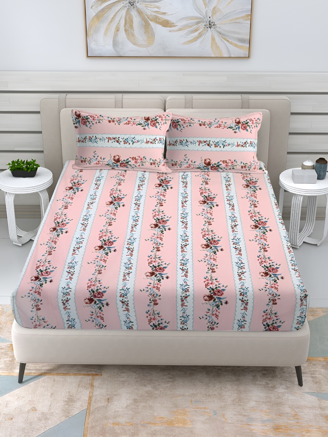 

FABINALIV Pink & White Floral Print 300 TC Fitted King Bedsheet & 2 Pillow Covers