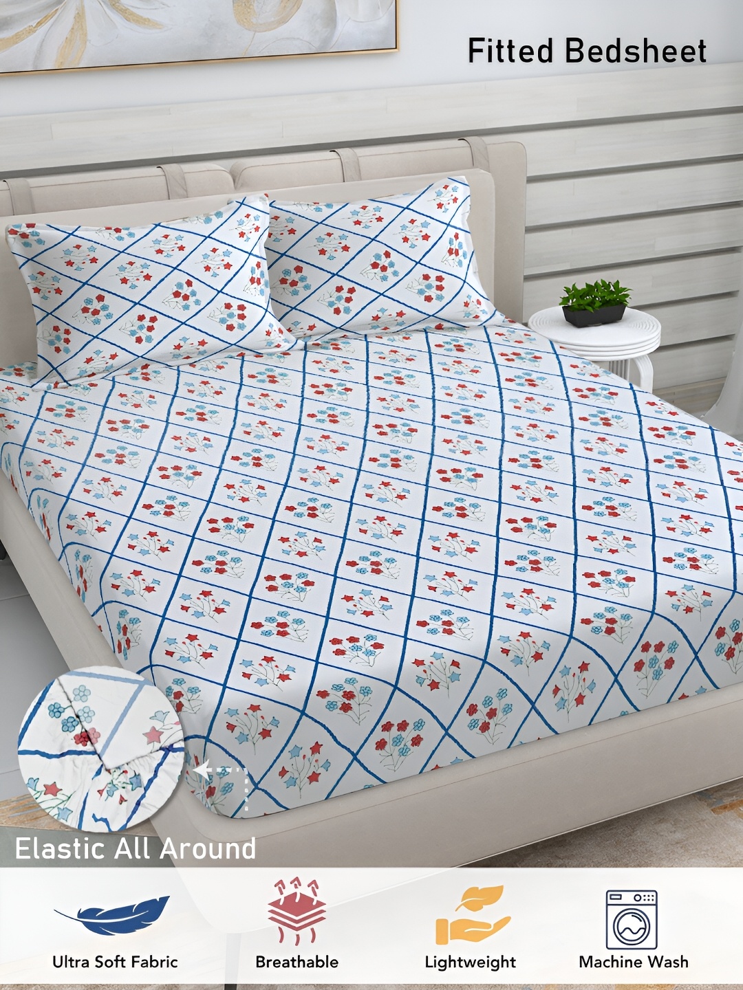 

FABINALIV Blue & White Floral Print 300 TC Fitted King Bedsheet & 2 Pillow Covers
