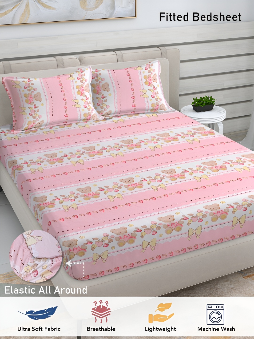 

FABINALIV Pink & White Cartoon Print 300 TC Fitted King Bedsheet & 2 Pillow Covers