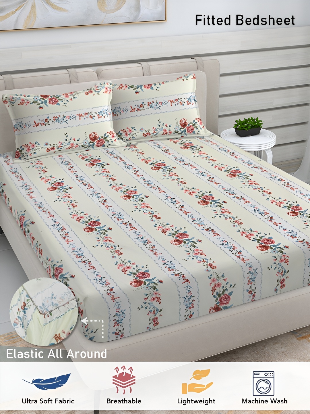 

FABINALIV Cream & Red Floral Print 300 TC Fitted King Bedsheet & 2 Pillow Covers