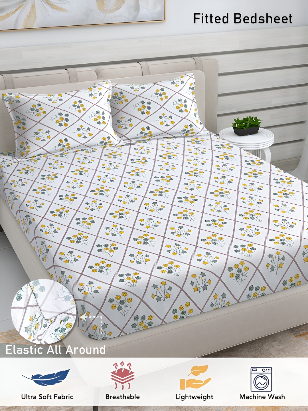

FABINALIV White Floral Printed Fitted 300 TC Double King Bedsheet & 2 Pillow Covers