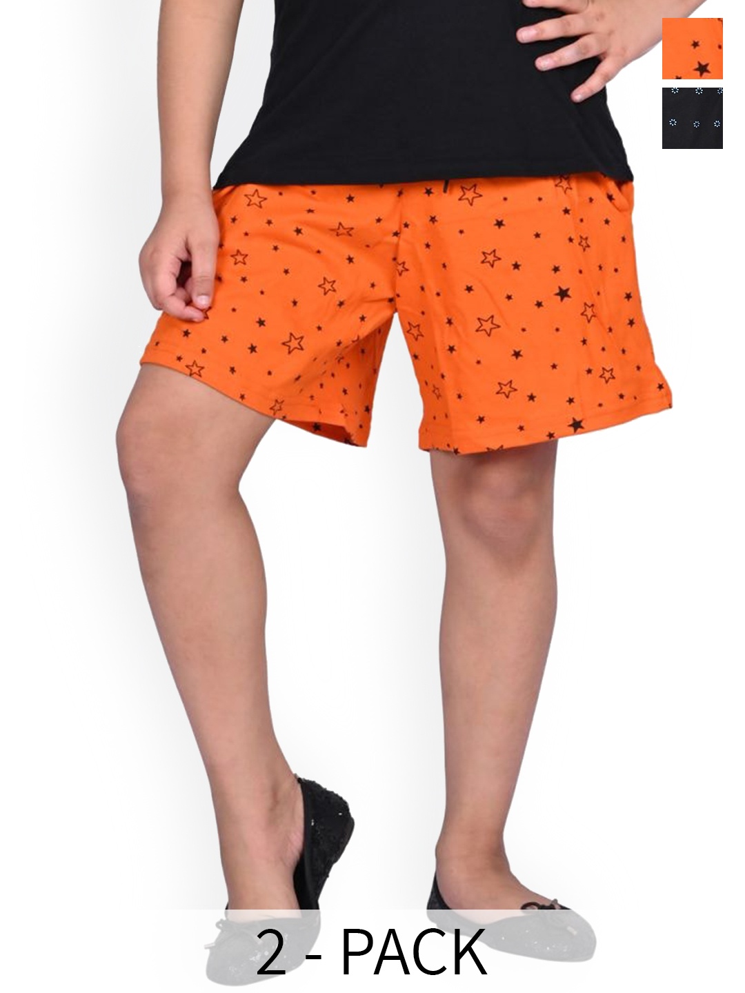 

BAESD Girls Pack Of 2 High-Rise Geometric Printed Cotton Shorts, Orange