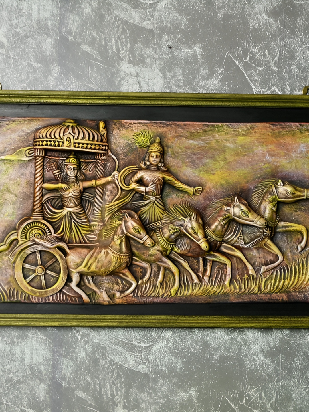 

SOWPEACE Brown Terracotta Mahabharata Warriors Celestial Chariot Wall Hanging