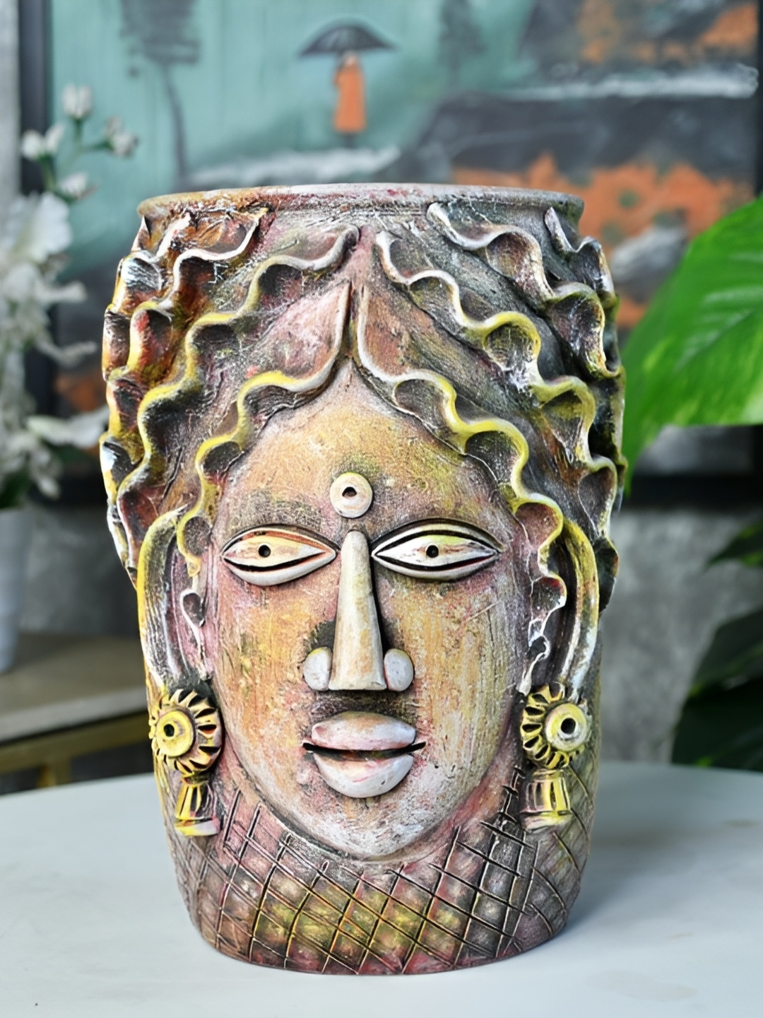 

SOWPEACE Brown & Yellow Tribal Floral Muse Terracotta Curio Showpiece