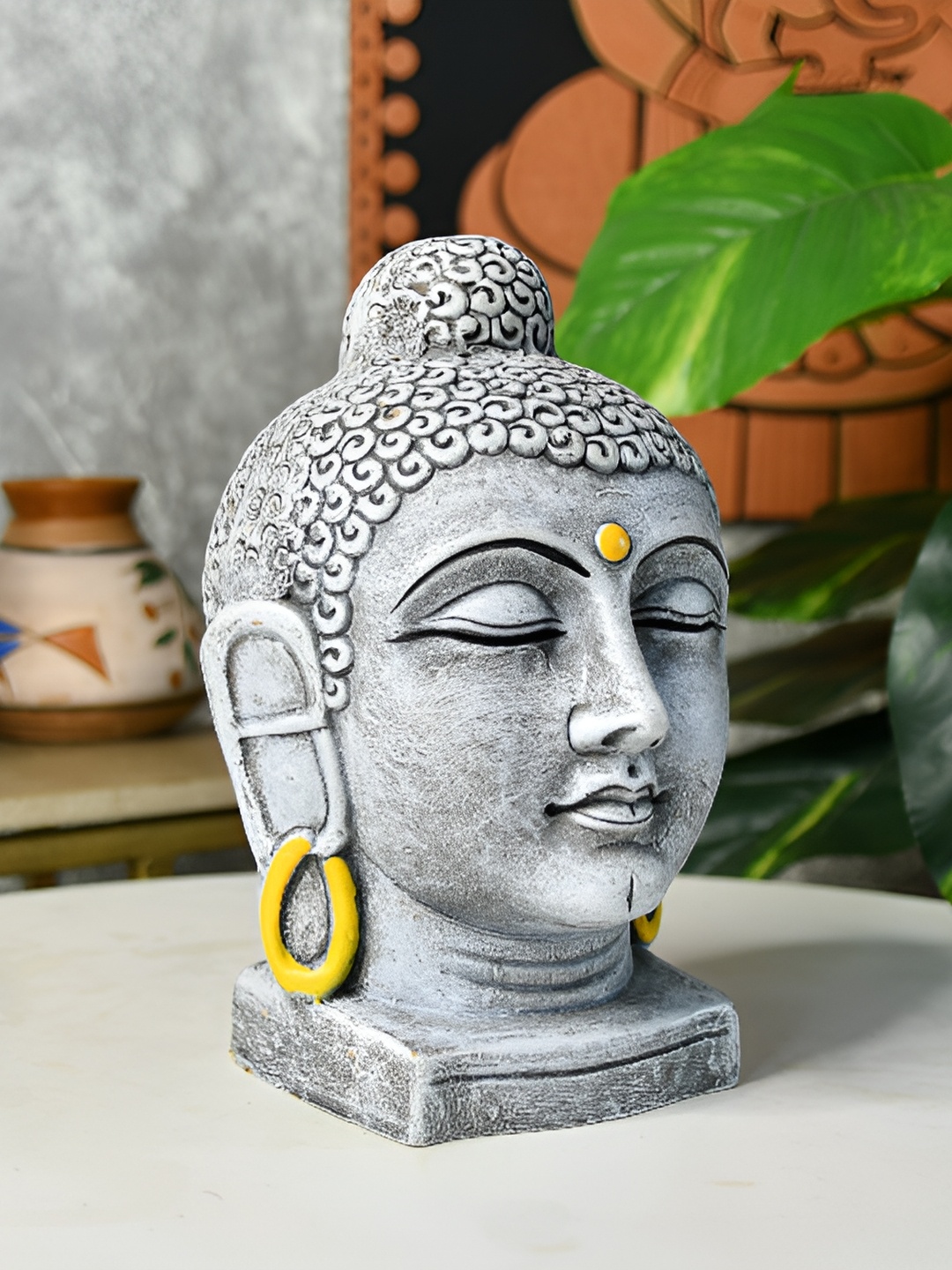 

SOWPEACE Brown & Yellow Terracotta Meditating Buddha Head Idol Showpiece