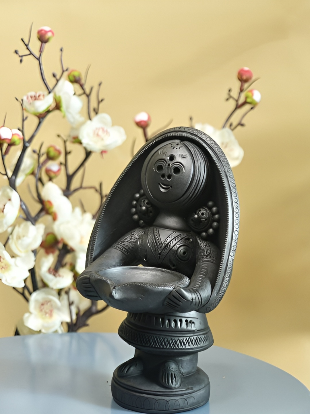 

SOWPEACE Brown Terracotta Diya Holding Lady Figurine Showpiece