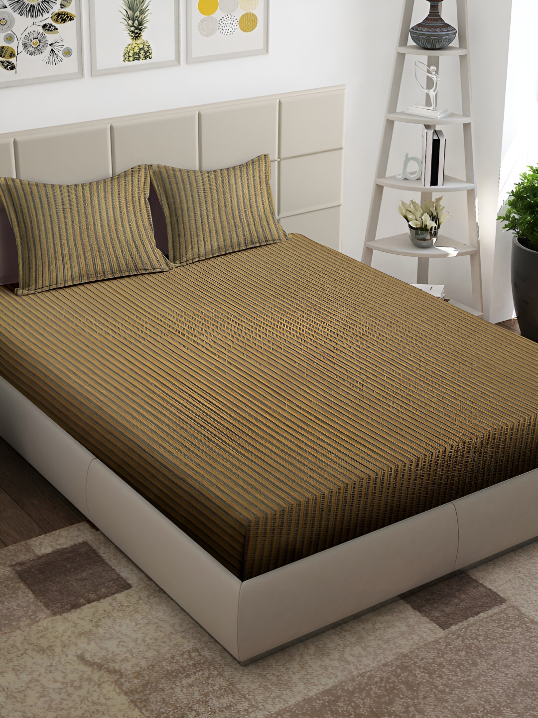

Arrabi Beige & Green Striped 300 TC King Bedsheet with 2 Pillow Covers