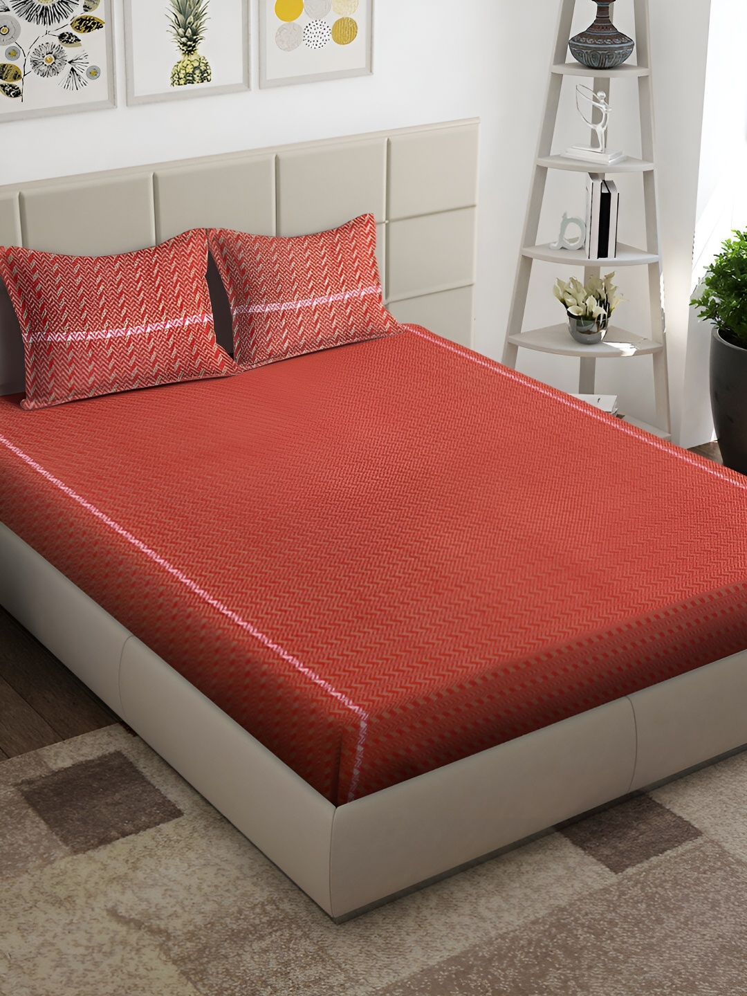 Arrabi Red Geometric 300 TC Cotton King Bedsheet With 2 Pillow Covers
