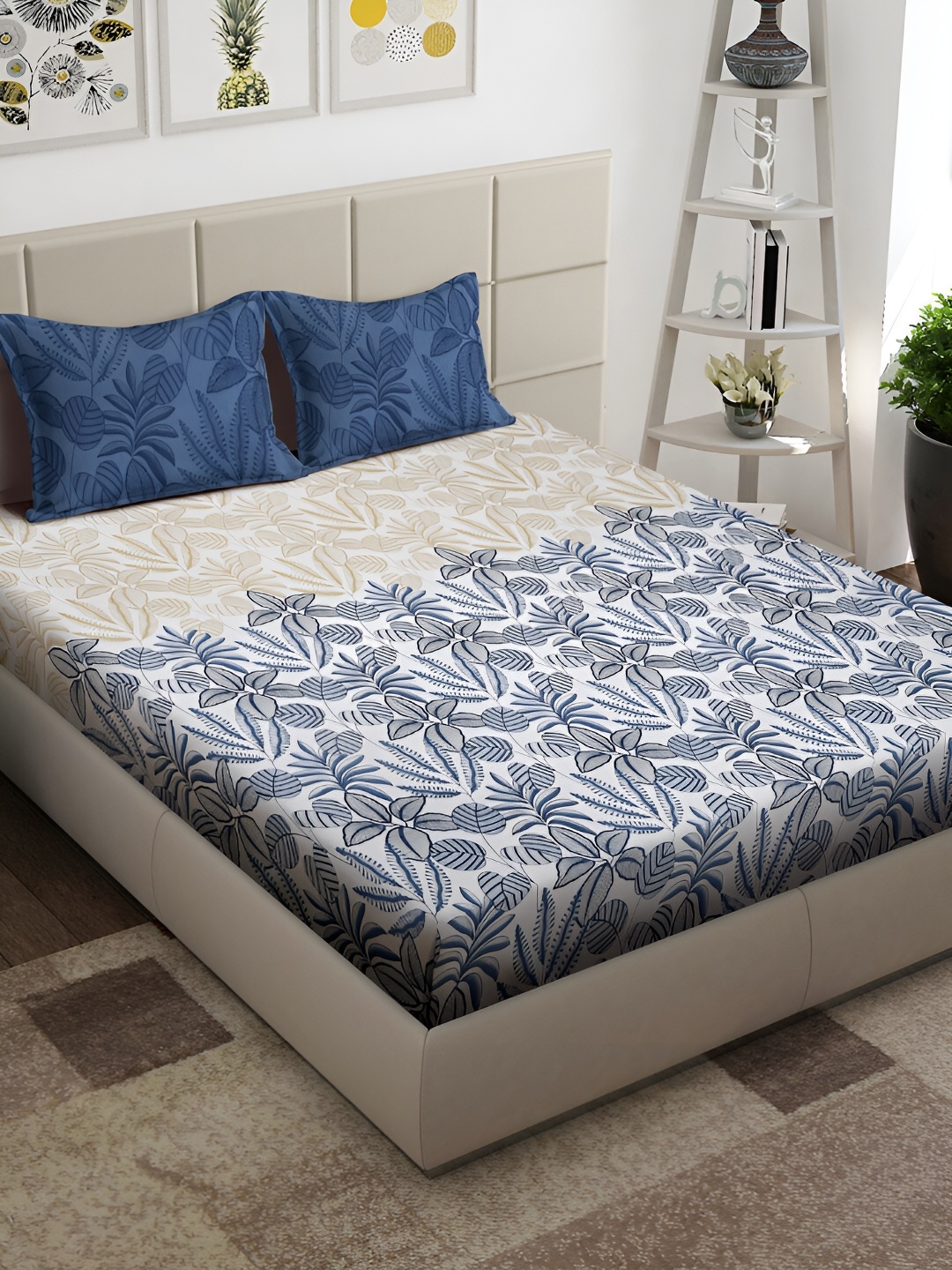 

Arrabi White & Blue Floral 300 TC King Bedsheet with 2 Pillow Covers