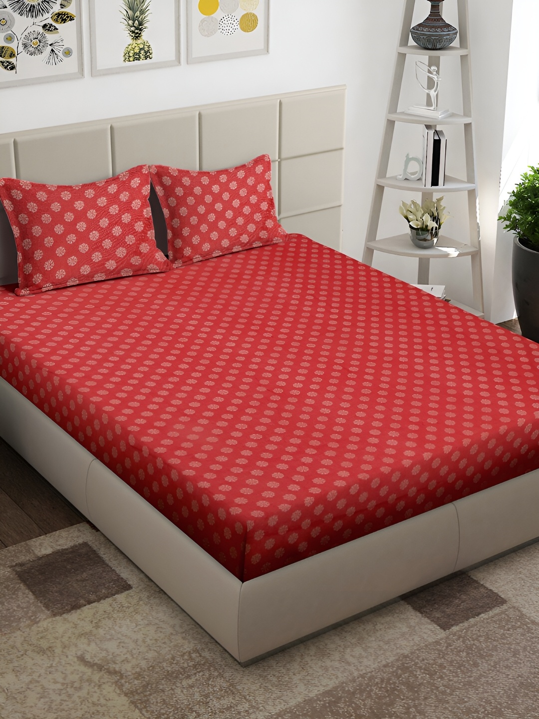 

Arrabi Red Floral 300 TC King Bedsheet with 2 Pillow Covers