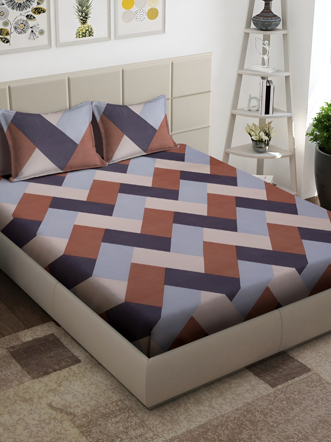 

Arrabi Blue & Brown Geometric 300 TC King Bedsheet with 2 Pillow Covers