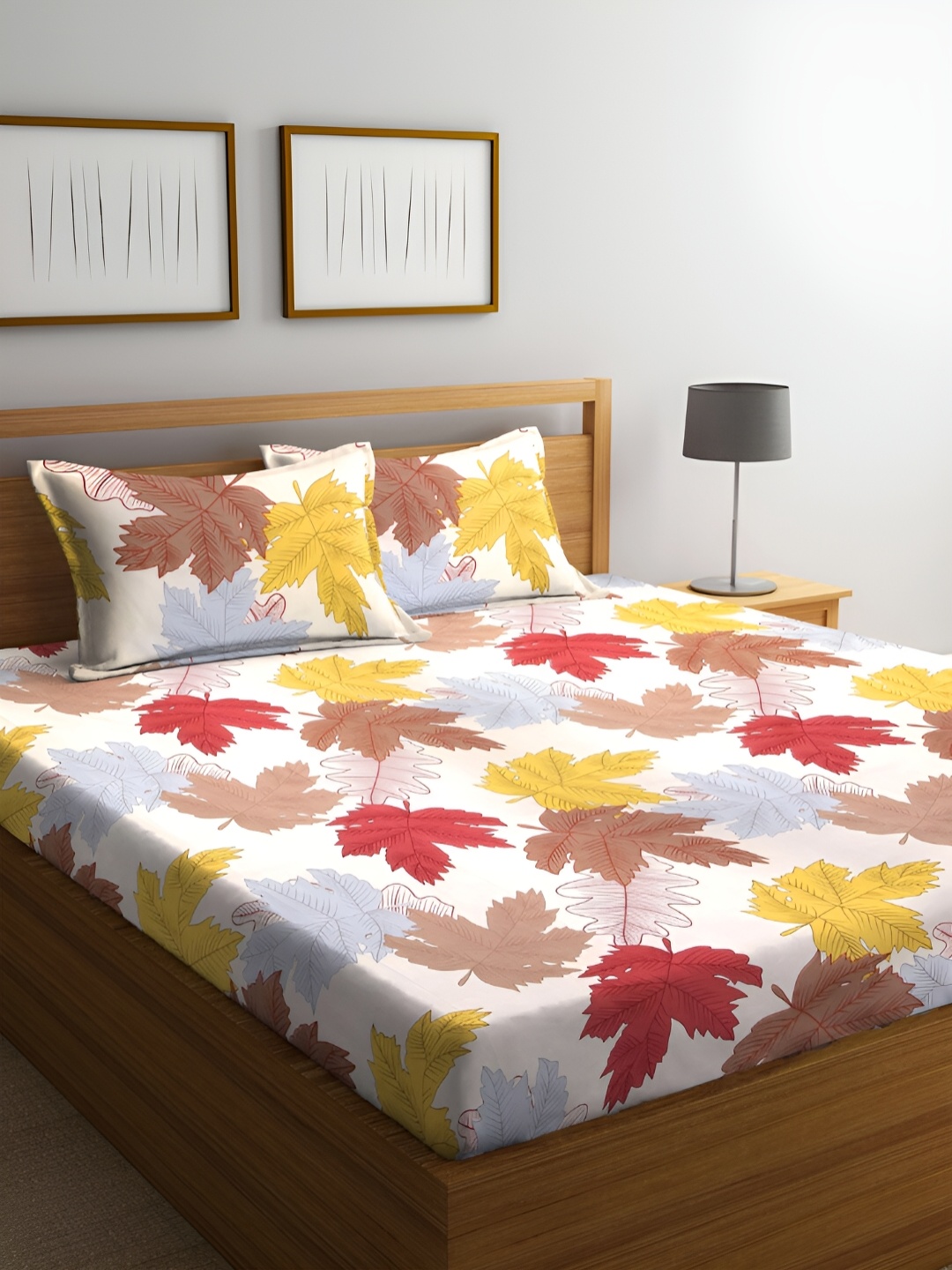 Arrabi White & Mustard Floral 300 TC King Bedsheet with 2 Pillow Covers