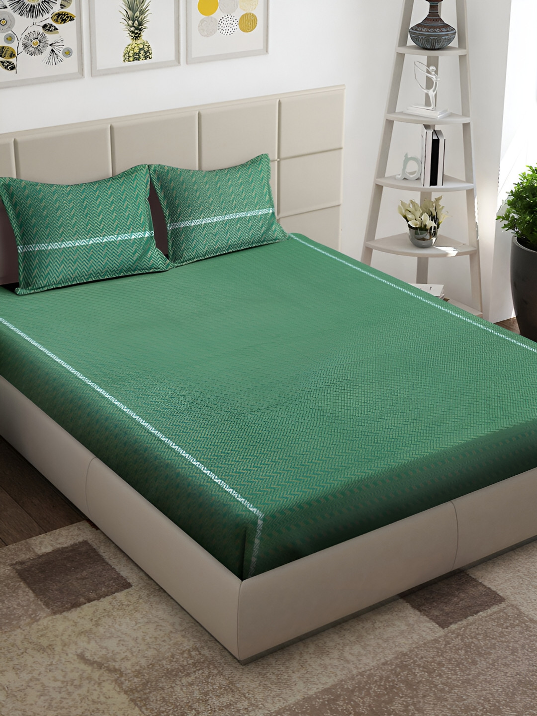 

Arrabi Green & Gold-Toned Geometric 300 TC King Bedsheet with 2 Pillow Covers