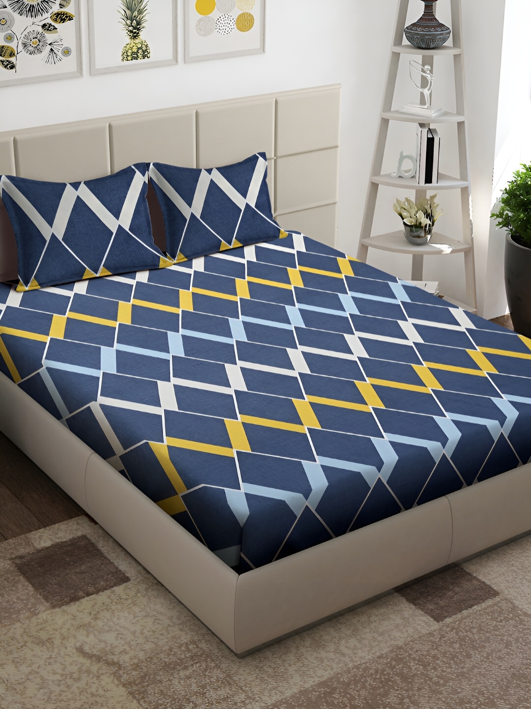 

Arrabi Grey & Blue Geometric 300 TC King Bedsheet with 2 Pillow Covers