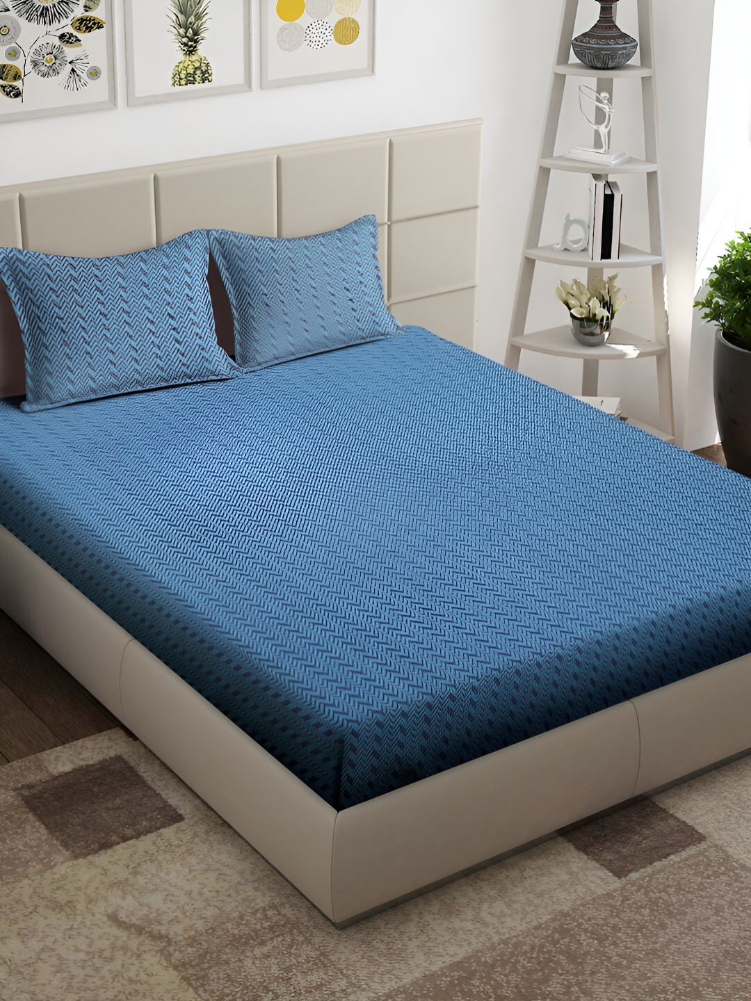 

Arrabi Blue Geometric 300 TC King Bedsheet with 2 Pillow Covers