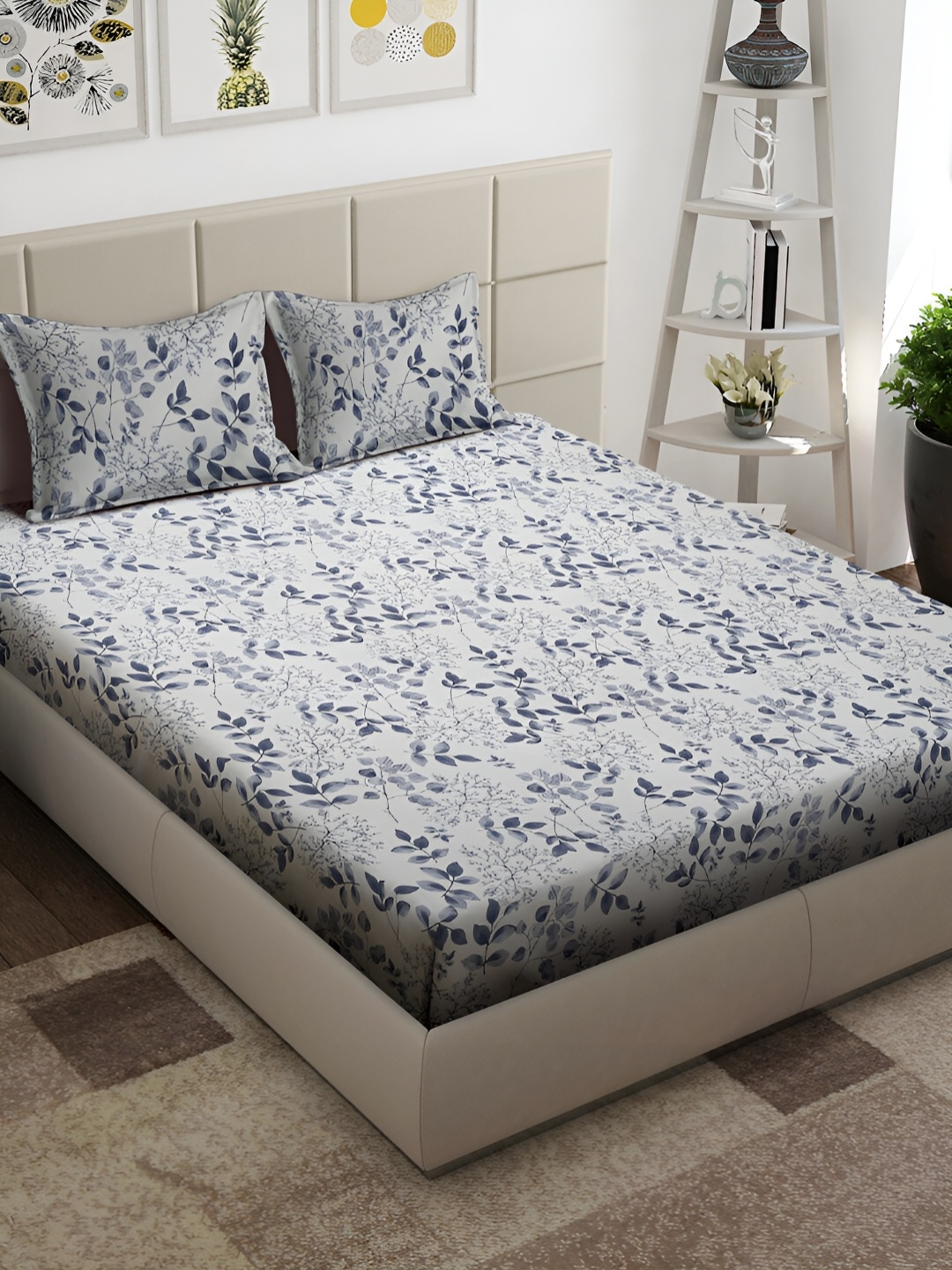 

Arrabi Cream-Coloured & Blue Floral 300 TC King Bedsheet with 2 Pillow Covers