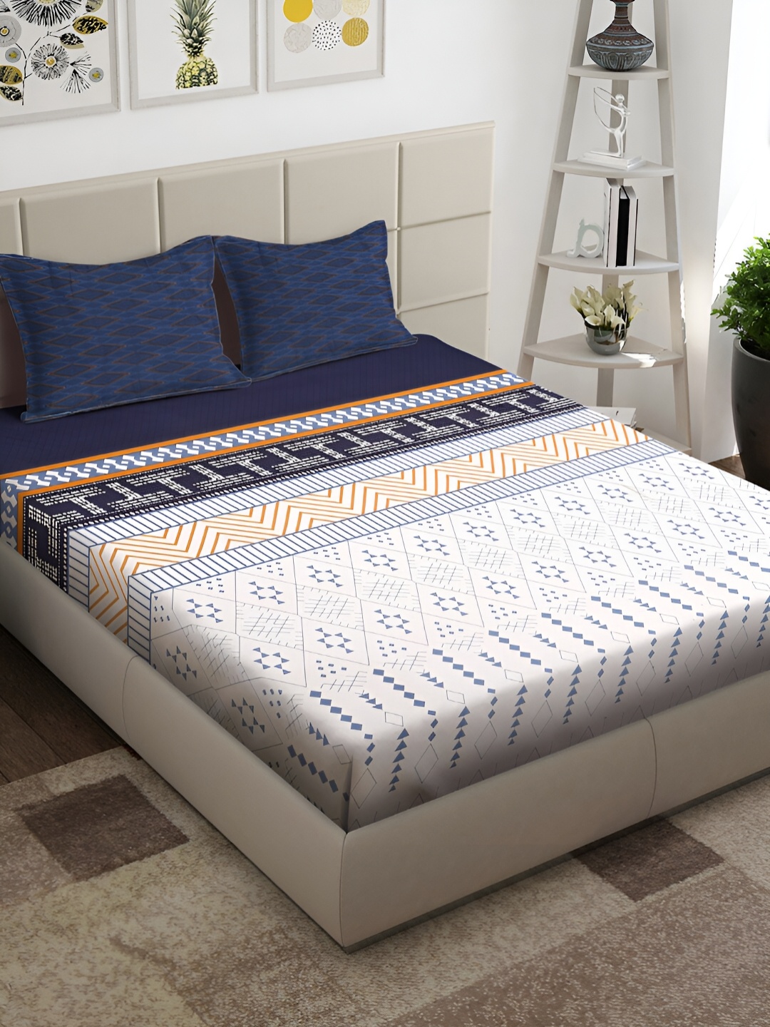 

Arrabi Blue & White Geometric 300 TC King Bedsheet with 2 Pillow Covers