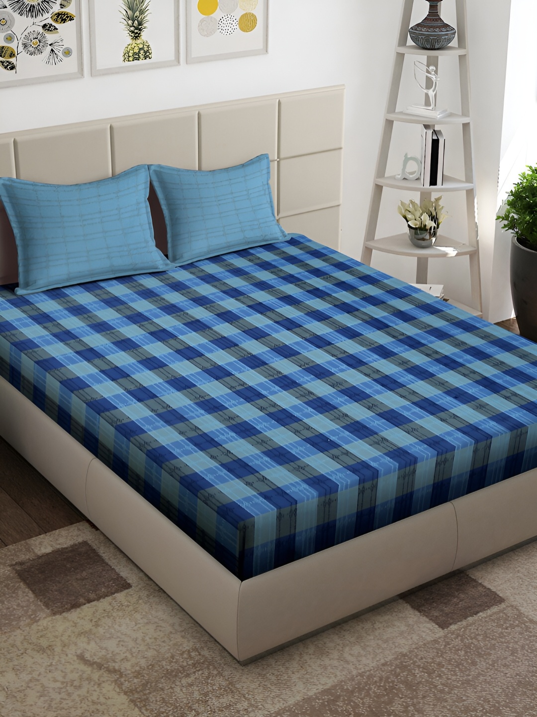 

Arrabi Blue Geometric Cotton 300 TC King Bedsheet With 2 Pillow Covers